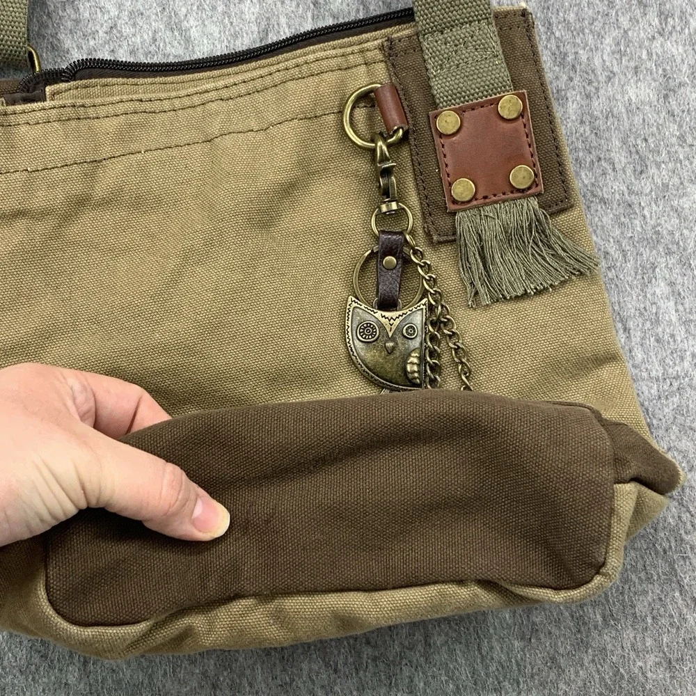 CHALA Patch Crossbody Shoulder Messenger Bag Purse Olive Khaki Owl Keychain - Picture 4 of 10